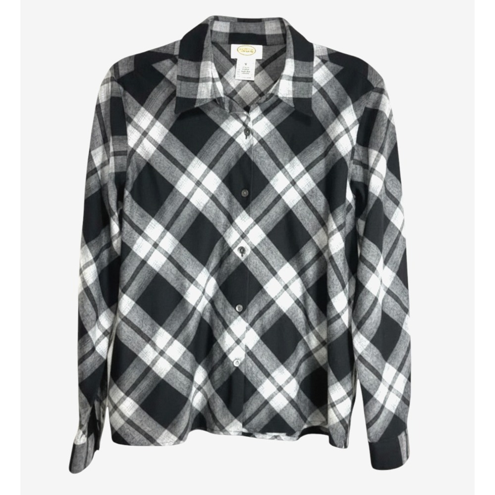 VTG TALBOTS Black/Gray Plaid BUTTON-UP SHIRT TOP SOFT FLANNEL Side Slits SIZE M